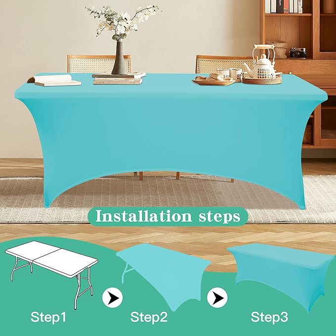 6Pack 8FT Table Cloth for Rectangular Fitted Events Stretch Sky Blue Table Covers Washable Spandex Tablecloth Protector for Party, Wedding, Cocktail, Banquet, Festival