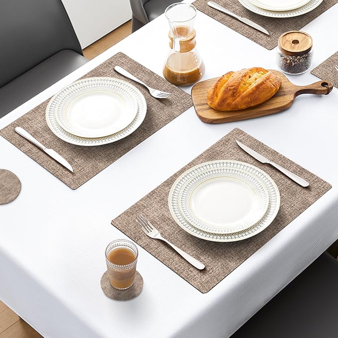 MOSAYT Faux Leather Placemats Set of 12, Heat Resistant Vinyl Place Mats with Coasters, Wipeable Washable 100% Waterproof Oil Proof Table Mat for Kitchen Dining Party Indoor Outdoor, 12" x 17", Khaki