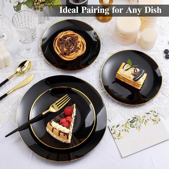 100 PCS Black Gold Plastic Plates, 7 inch Black Disposable Plates for Party, Disposable Dessert Plates for Party, Graduation, Birthday, Wedding