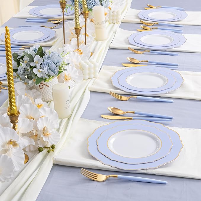 WDF 60pcs Blue Plates Disposable With Gold Rim - Baroque Baby Blue Plastic Party Plates for Wedding/Party/Baby Shower