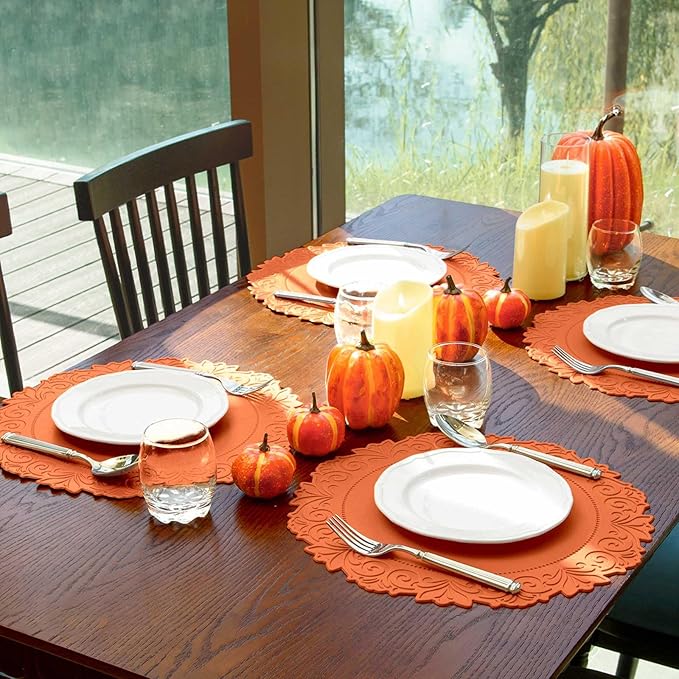 Noctiflorous Round Faux Leather 15 Inch Placemats Set of 6 Waterproof Wipeable Heat Resistant Tablemat for Dining Table Kitchen Non Slip Washable Oilproof Table Place Mat(Pumpkin Orange, 6)