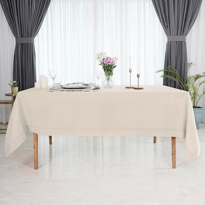 D'Moksha Homes Light Natural Linen Tablecloth for Rectangle Tables 60 x 144 Inch - 100% Pure Linen Natural Table Cloth - Classic Hemstitch, Machine Washable Dining Tablecloth for Valentines, Easter