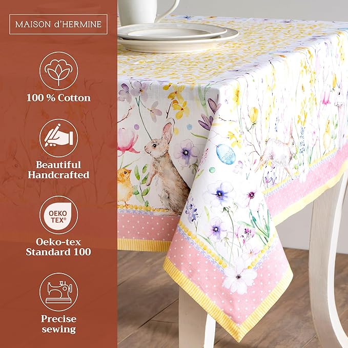 Maison d' Hermine Table Cloth Rectangle Table 100% Cotton 54 x 72 Inches Tablecloth Reusable Decorative for Dining Room Farmhouse Home Valentines Day Decorations Spring Summer - Easter Zest