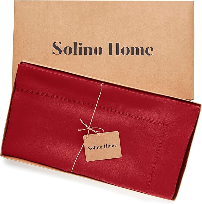 Solino Home Linen Tablecloth 60 x 108 Inch - Classic Hemstitch 100% Pure Linen Red Table Cloth for Rectangle Tables - Machine Washable Tablecloth for Valentines, Winter