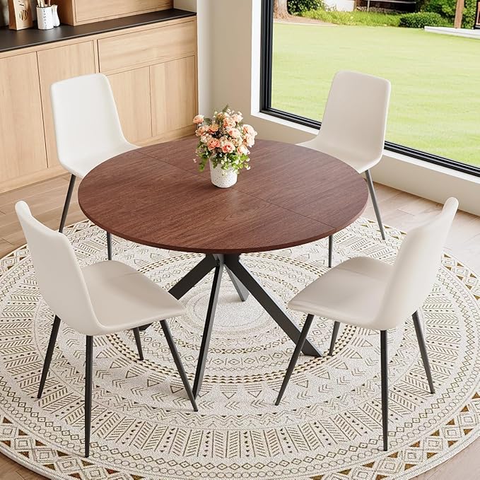 Round Dining Table Set for 4｜42"-54" Extendable Dining Room Table Set｜Wooden Kitchen Table with 4 Chairs｜Mid Century Modern Dinner Table Set with Cross Legs｜Easy Assembly｜Space Saving