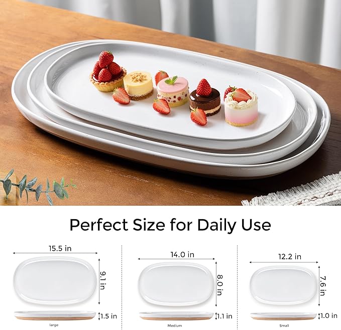 AmorArc Large Ceramic Serving Platter, 15.5"/14"/12.2" Oval Platters Microwave Safe, Serving Trays for Wedding, Stoneware Serving Dish for Entertaining&Party, Set of 3