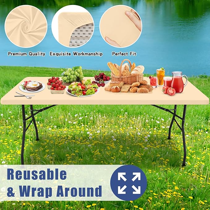 Spandex 4 Foot Rectangle Table Cloth 2 Pack, Elastic Fitted Tablecloths for Picnic, Stretch Washable Patio Table Cover for Outdoor, Camping, Banquet and Parties (Ivory, 30"x48")