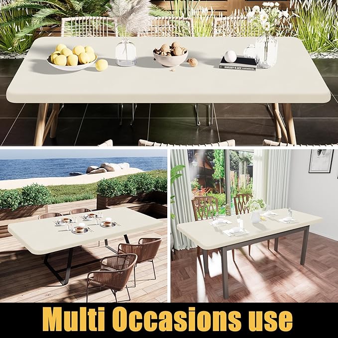 Smiry Rectangle Tablecloth, Elastic Fitted Flannel Backed Vinyl Tablecloths for 8ft Folding Tables, Waterproof Wipeable Table Covers for Indoor, Outdoor, Picnic and Camping (Beige, 30"x96")
