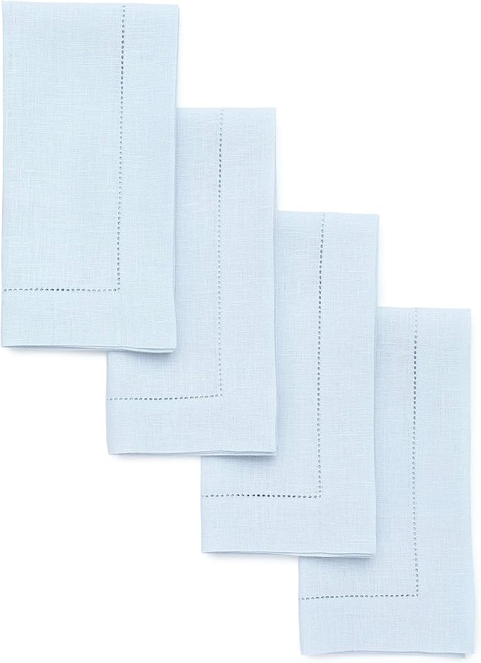 Solino Home Light Blue Linen Napkins Set of 4-100% Pure Linen Hemstitch Dinner Napkins 20 x 20 Inch for Winter, Spring, Easter - Classic Hemstitch