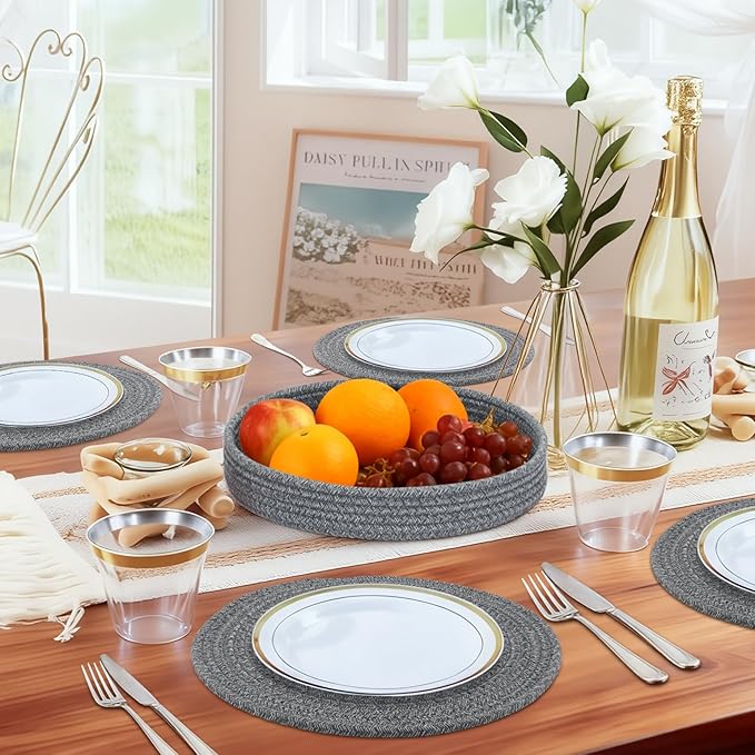Round Placemats Set of 6 with Holder, Cotton Rope Woven Place Mats, Hot Pads for Kitchen, Heat Resistant Table Mats, 13 Inch Farmhouse Washable Braided Placemat for Kitchen Decor (Dark Gray)