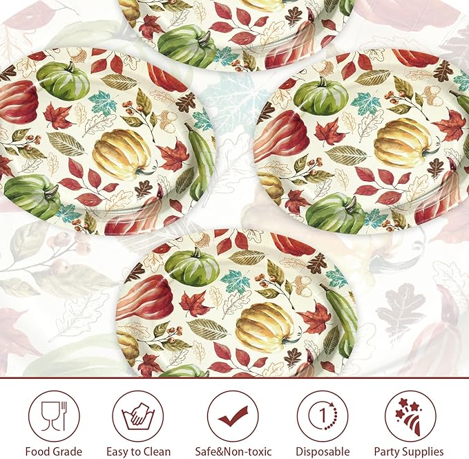 50 Pcs Fall Oval Paper Plates 10" x 12" Large Vintage Red Green Pumpkin Plates Disposable Heavy Duty Thanksgiving Platter for Fall Thanksgiving Party Decoration Holiday Harvest Festival Party Supplies