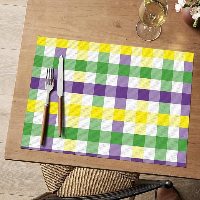 Artoid Mode Buffalo Plaid Vinyl Placemats Set of 4, 12x18 Inch Washable Non-Slip Heat Resistant Plastic Place Mats for Party Dining Table, Purple/Yellow