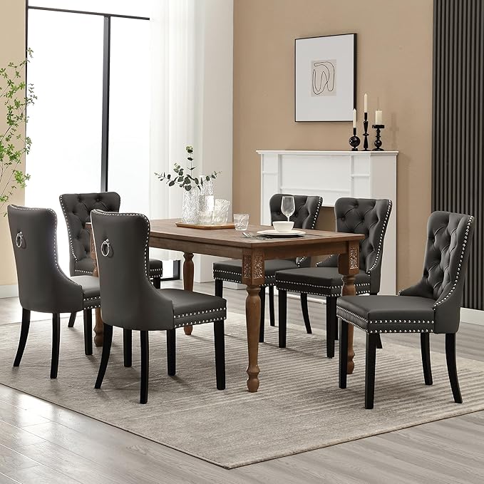 KCC Faux Leather Dining Chairs Set of 4, Upholstered High-end Tufted Dining Room Chair with Nailhead Back Ring Pull Trim Solid Wood Legs, Contemporary Nikki Collection Modern Style for Kitchen, Gray