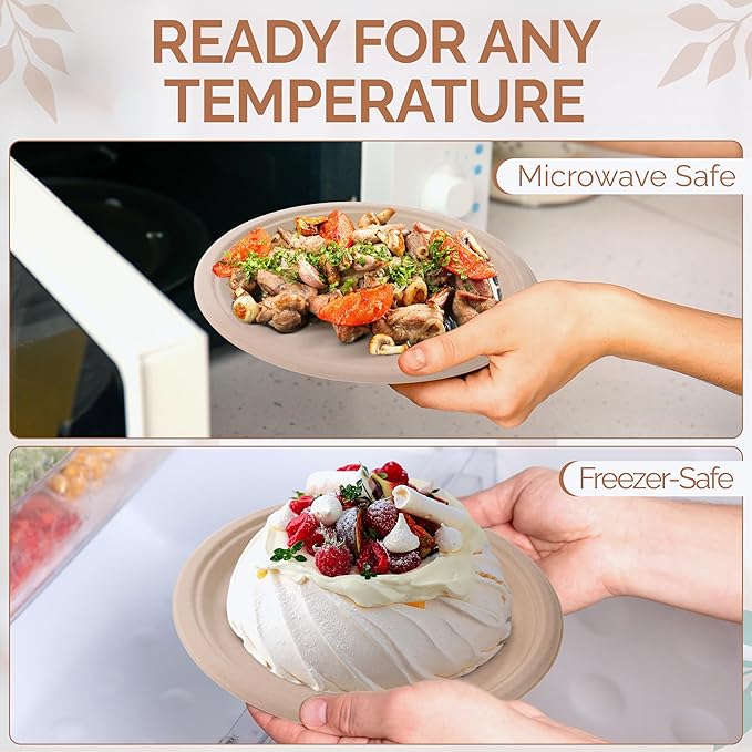 Heavy Duty Eco-Friendly PFAS-free Compostable Plates, Disposable Plates - Sugarcane Party Plates | 100% Bagasse Biodegradable (75, Natural, 10")