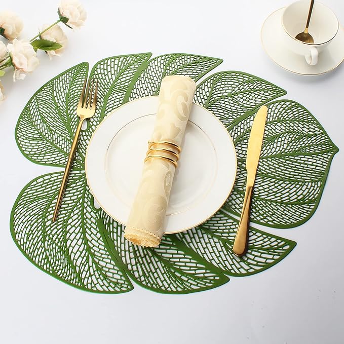 Evevda Green Leaf Shaped Vinyl Placemats for Dinner Table Set of 4 Plastic Green Place Mats Wipeable 6Pcs Table Mats for Wedding Annersary Dinner Table Decoration Mats
