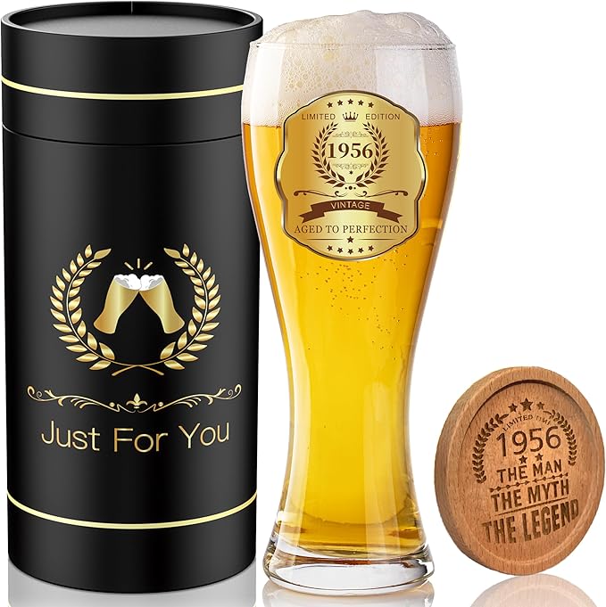 70th Birthday Beer Glasses Gifts, Personalized '1956' Vintage Glass Ware Set for Men, Black Gift Package with Drinking Glass, Coaster, and Card for 70 Years Old Man