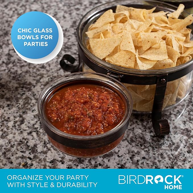 BIRDROCK HOME Chip and Dip Serving Bowl Set - Triple Glass Bowls with Metal Frame - for Party Appetizers, Taco Platter, Durable, Stylish Serveware with Compact Storage - Clear Glass, Black Frame