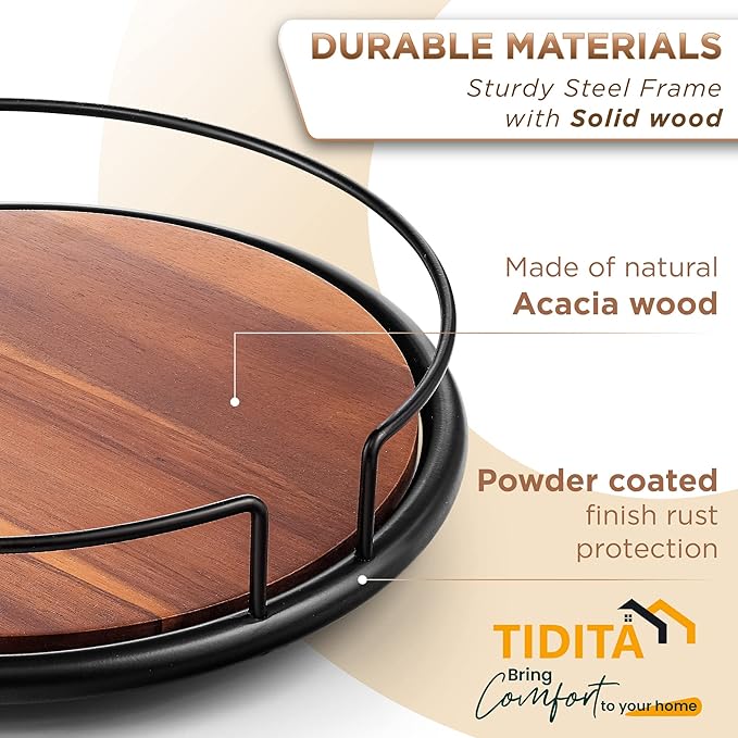 10" Acacia Wood Lazy Susan Turntable with Metal Frame for Table Top - Wooden Serving Tray Rotating for Kitchen Counter - Centerpiece Organizer Storage Food Bin Container for Pantry, Fridge, Cabinet
