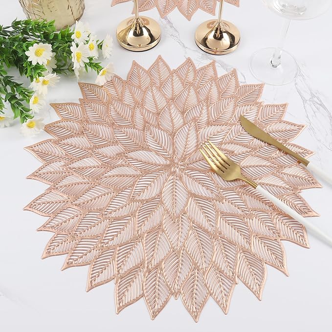 Placemats Set of 8, Round Hollow Out Flowers Place Mats for Dining Table Pressed Vinyl Blooming Leaf Table Mats for Holiday Party Wedding Accent Centerpiece Dinner Table Decoration (Rose Gold)