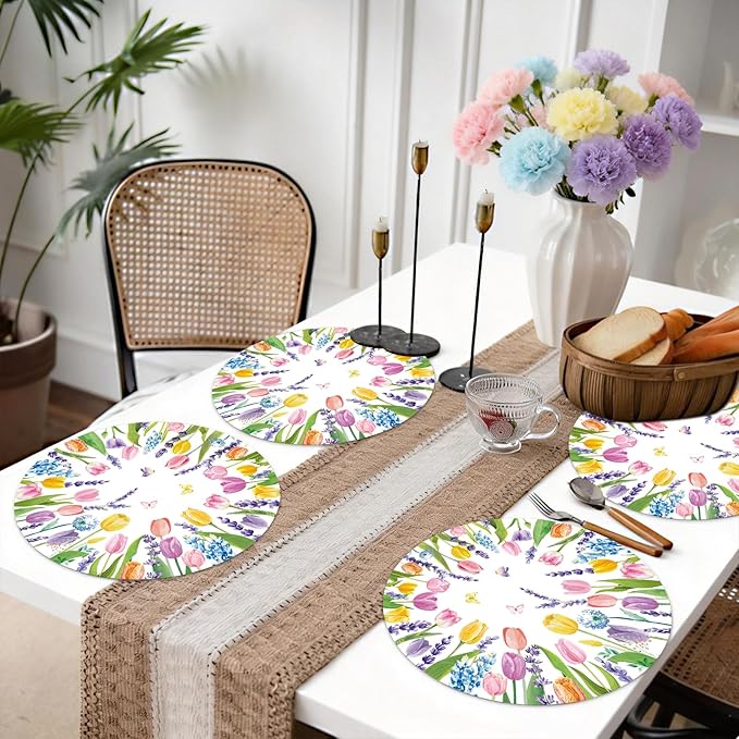 50PCS Watercolor Floral Disposable Paper Placemats - Spring Tulip & Lavender Round Table Mats for Birthday Wedding Baby Shower Party Decoration