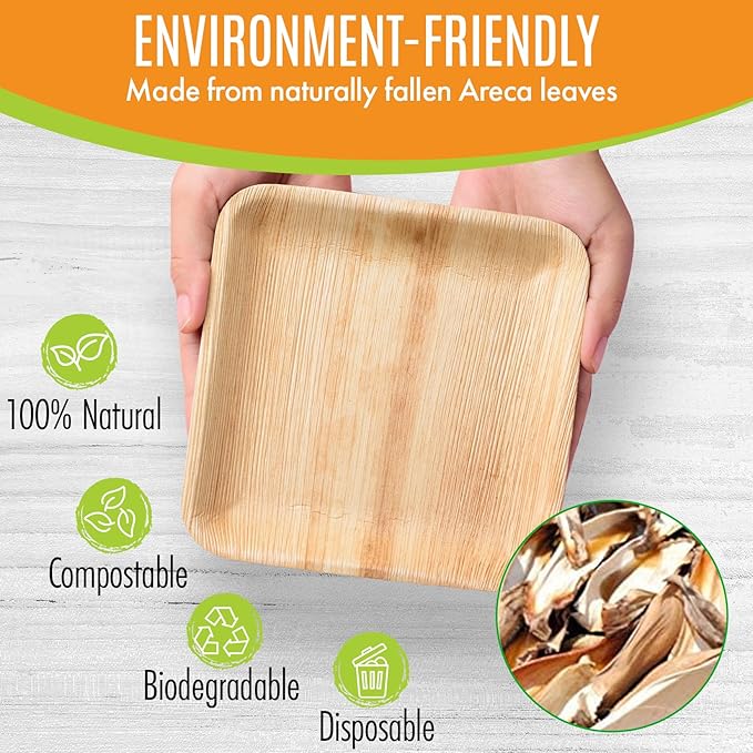 Raj Palm Leaf Plates Bulk [50-Pack] 6" Square Plates(2 CASES - 100 PACK) like Bamboo plates Disposable, Strong, Decorative Compostable Tableware for weddings, Lunch, Dinner, Birthday,Outdoor
