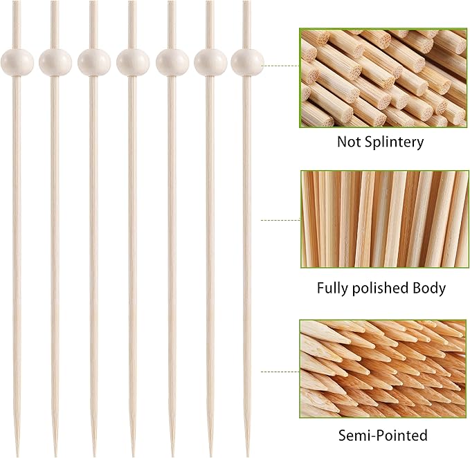 200 Pcs Cocktail Picks, 4.7 Inch Toothpicks for Appetizers, Bamboo Cocktail Sticks Skewers for Drinks, Desserts, Charcuterie, Wedding Party Fancy Toothpicks, Natural Pearl Mini Food Picks Decorative