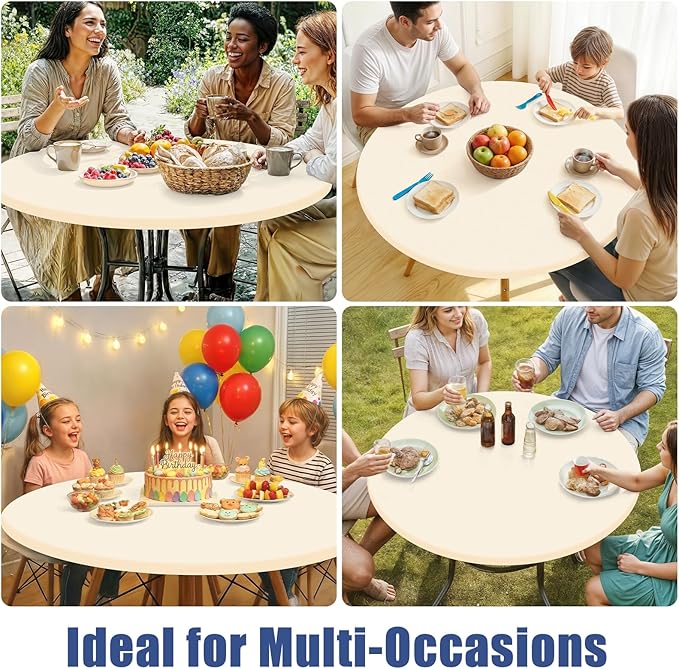 Round Spandex Tablecloth, Elastic Fitted Waterproof Tablecloths for 25"-30" Tables, Stretch Washable Picnic Table Cover for Camping, Dining, Indoor and Outdoor, Beige