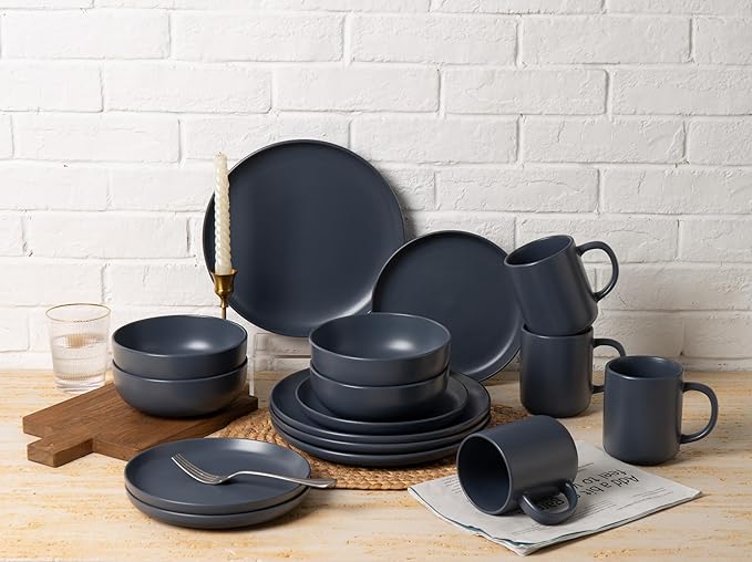 12-Piece Stoneware Dinnerware Set with Mugs | Microwave and Dishwasher Friendly | Stackable Matte Glaze Plates & Bowls | Service for 3 (Blue for 4)
