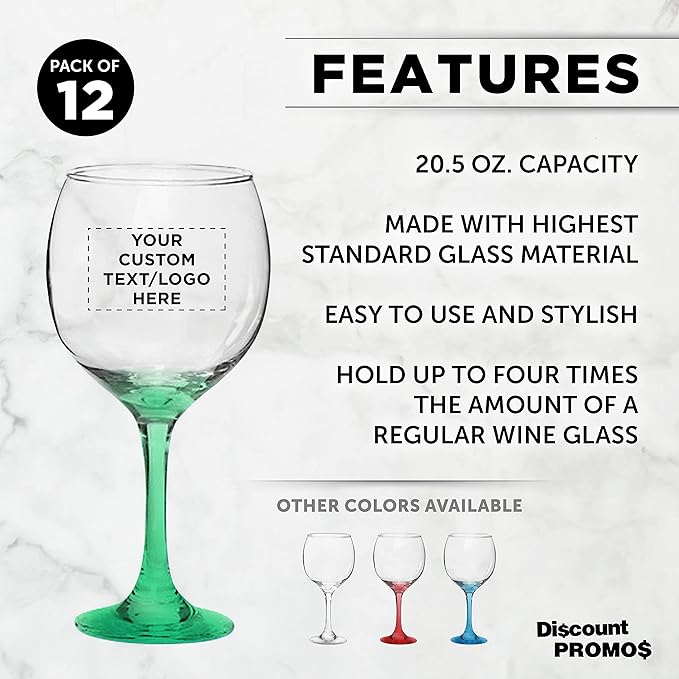 Custom Premiere Wedding Wine Glasses 20.5 oz Set of 12, Personalized Bulk Pack - Restaurant Glassware, Perfect for Red Wine or White Wine - Green