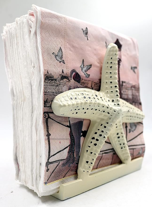 Nautical Starfish Lunch Dinner Metal Napkin Holder Kitchen Beverage Cocktail Ocean Coastal Napkin Holder By The Metal Magician (Distressed Off-White)