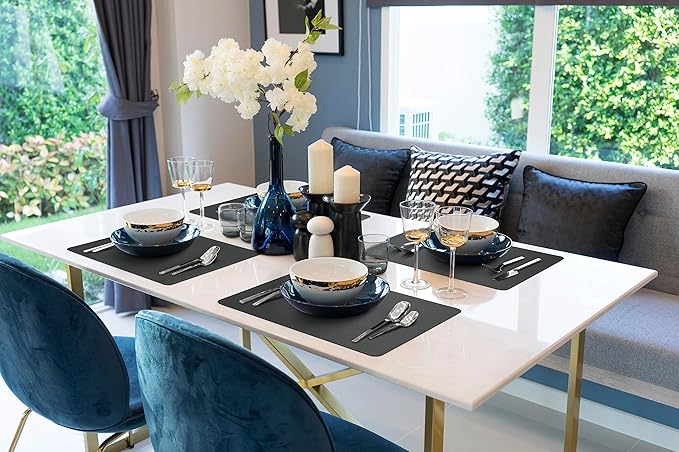 More Décor Faux Leather Placemats Set of 4 for Dining Table – Waterproof, Wipeable, Washable, Stain & Heat Resistant, Non-Slip Table Mats – 12 X 17 Inch (Solid Black, 4)