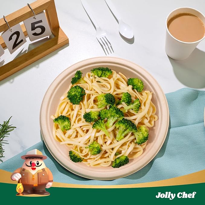 JOLLY CHEF Compostable Heavy Duty Plates 𝟭𝟬 𝗜𝗻𝗰𝗵 [𝟭𝟱𝟬 𝗣𝗮𝗰𝗸] Eco-Friendly Disposable Natural Paper Plates Bagasse Biodegradable Bulk for Party Dinner Thanksgiving Day (Brown)