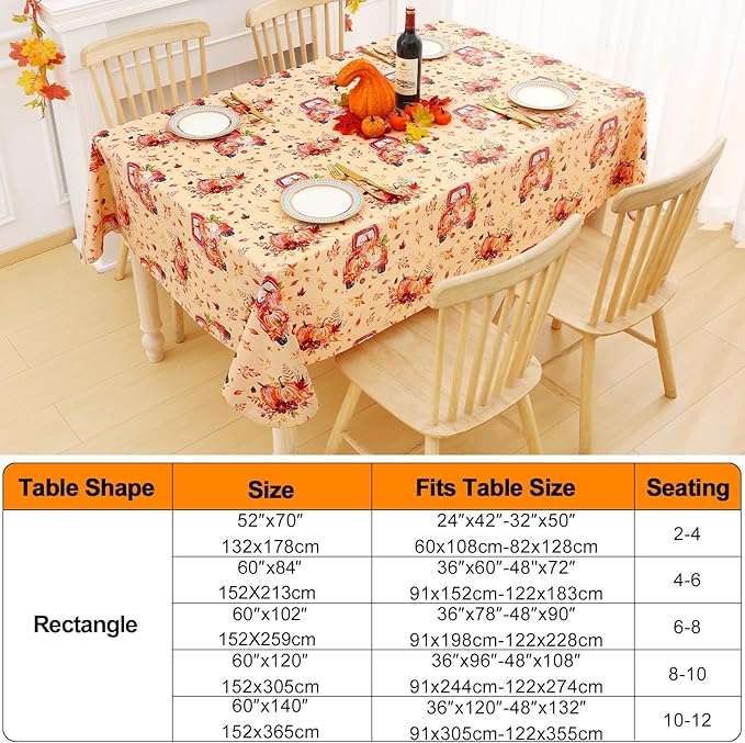 Smiry Fall Rectangle Table Cloth, Waterproof Vinyl Tablecloth with Flannel Backing, Wipeable Autumn Pumpkin Truck Plastic Tablecloths for Harvest and Thanksgiving Parties, (60"x102", Yellow)