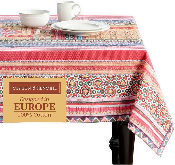 Maison d' Hermine Table Cloth Rectangle Table 100% Cotton 70 x 108 Inches Fall Tablecloth Reusable Everyday Use for Thanksgiving Christmas Decorations Dining Farmhouse Party (Ispahan)