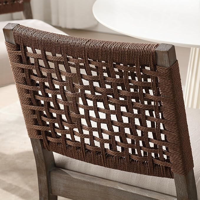 Farmhouse Dining Chairs Set of 6 Linen Fabric Upholstered Accent Side Chair, Mid Century Modern Kitchen & Dining Room Chairs with Woven Rope Back for Home, Living Room, Bedroom - Beige
