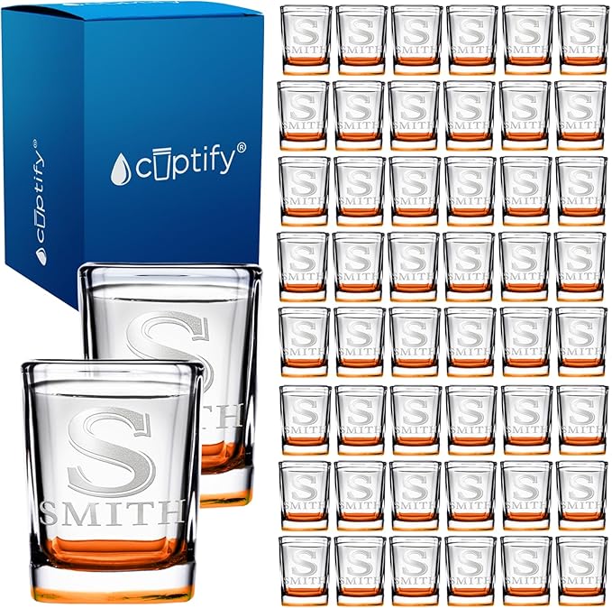 Personalized Square Shot Glasses Set of 50 Orange Bottom 2oz Engraved Initial and Name Custom Gifts, Weddings, Birthdays, Party, Event, Decorations