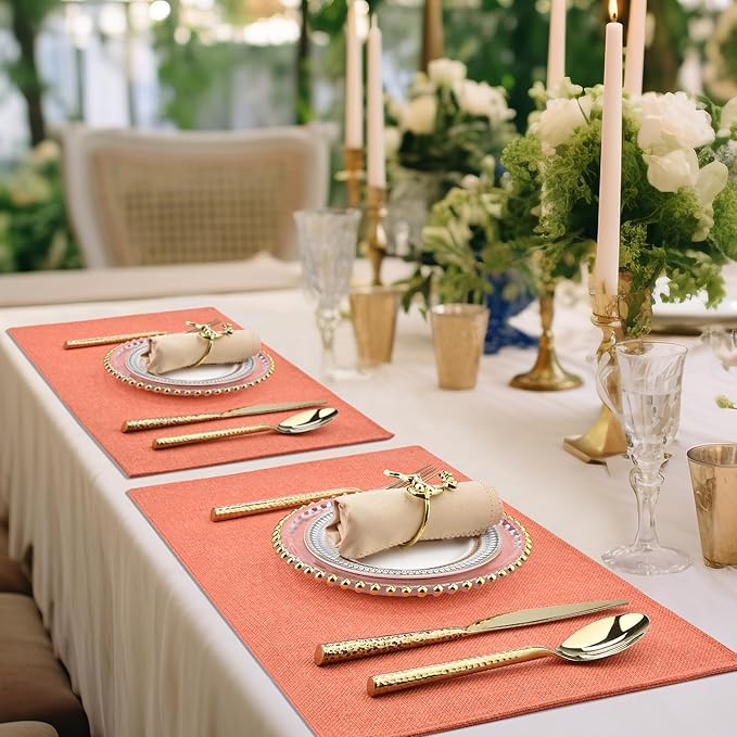 SLKQG Orange Linen Placemats Set of 8 - Heat Resistant & Machine Washable Table Mats for Holiday Dining, Double-Layered Fabric for Family Gatherings - Indoor Outdoor Use (8, Orange)