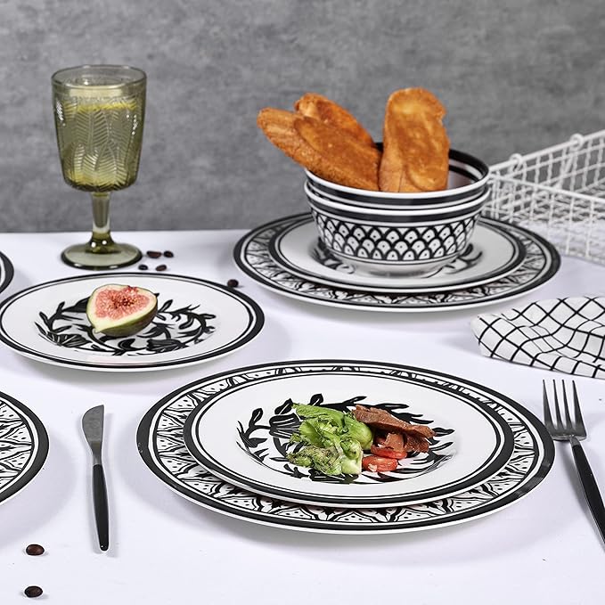 Melamine Dinnerware Sets-12pcs Melamine Plates and Bowls Set, Unbreakable, Dishwasher Safe, Indoor Outdoor Use, Ideals for Parties, Camping Dish Set, Black and White Pattern