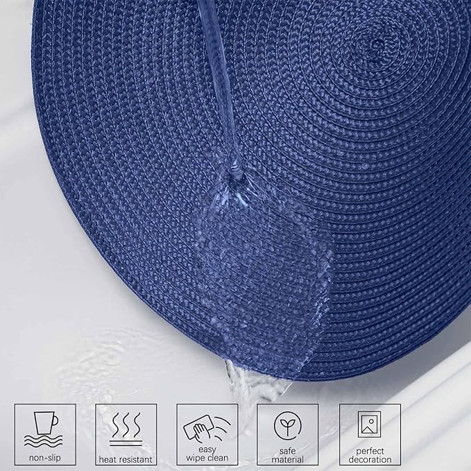 AHHFSMEI Round Braided Placemats 15 Inch Round Table Mats for Dining Tables Natural Woven Heat Resistant Place mats Set of 4 (Navy Blue,4)