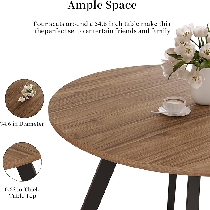 34.6 Inch Walnut Round Dining Table for 4, Space-Saving Dinette Perfect for Kitchen Dining Living Room(Walnut Table)
