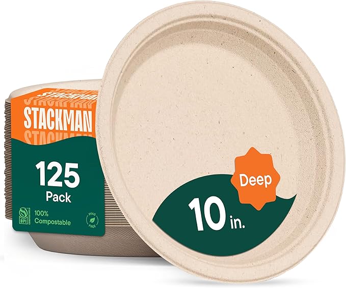 Stack Man Deep Dish Paper Plates, Heavy Duty Disposable Dinner Plates [125-Pack] 10 Inch Plates - 100% Compostable Eco-Friendly, Biodegradable Sugarcane Bagasse, Natural Brown 10" (9" Deep)
