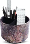 Round Leather Art Supply Organizer,Remote Control Holder,360 Degree Spinning,Multi-Functional Pencil Holder,4 Compartments Desktop Stationary Organizer(1-Rich Flower Gold)