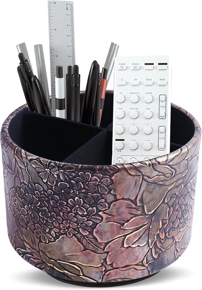 Round Leather Art Supply Organizer,Remote Control Holder,360 Degree Spinning,Multi-Functional Pencil Holder,4 Compartments Desktop Stationary Organizer(1-Rich Flower Gold)