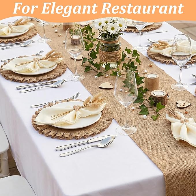18 Pcs Round Natural Burlap Placemats, Wooden Bead Napkin Rings with Cloth Dinner Napkins, Heat Resistant Jute Placemat Set Boho for Wedding Dining Table Decor