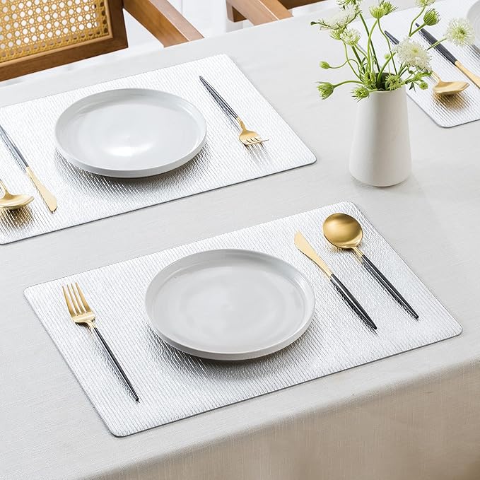 Jovono Faux Leather Placemats Set of 8, Waterproof Washable Table Mats, Easy-Clean Heat Resistant Kitchen Vinyl Place Mat for Dining Table, Wedding, Holidays, Indoor, 17.8"x11.8", Silver