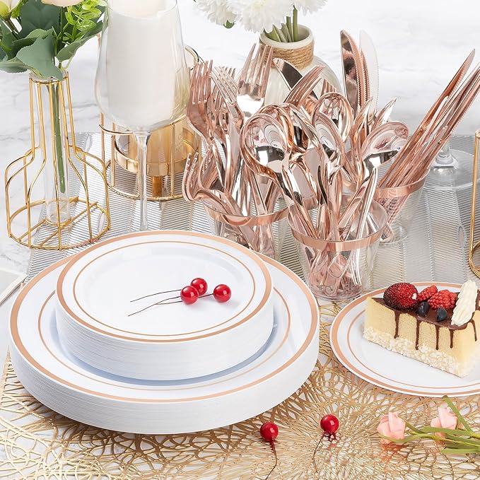 BESTVIP 600PCS Rose Gold Plastic Plate Set (100 Guests), Plastic Plates for Party Wedding Birthday, Disposable Dinnerware Set of 200 Plates, 200 Forks, 100 Spoons, 100 Knives for Christmas