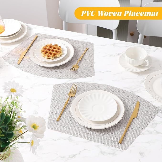 roddyricch Wedge Placemats for Round Tables, Set of 4 Non-Slip PVC Round Table Placemats - Heat Resistant & Wipe Clean Centerpiece Mats for Dining Kitchen Decor (Silver)