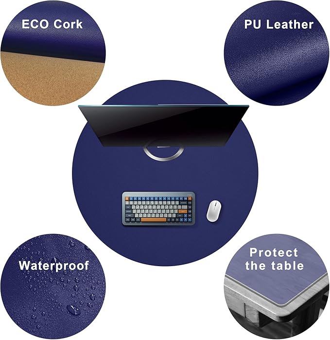 CENNBIE 30 Inches Round Placemats - Cork & Leather Table Mat - Suitable as Side Dining Coffee Table Cover - Can Be Cut to Fit (18"-30", Blue)