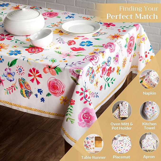 Maison d' Hermine Table Cloth Rectangle Table 100% Cotton 60 x 120 Inches Tablecloth Reusable Decorative for Dining Room Farmhouse Home Valentines Day Decorations Spring Summer- Happy Florals - Sweety