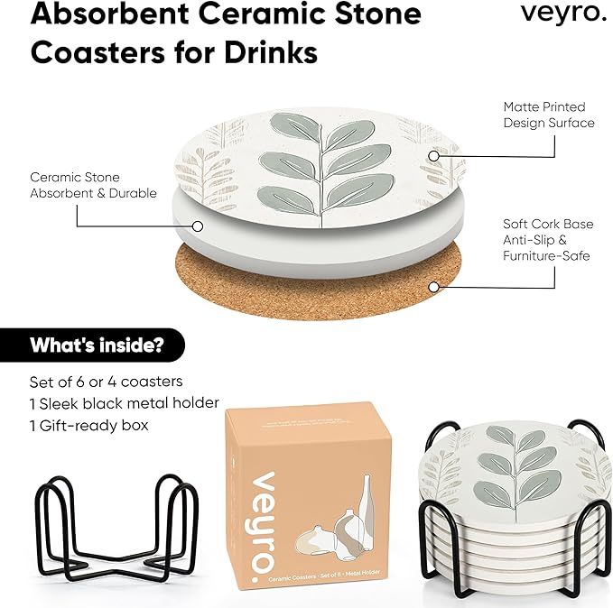 VEYRO Ceramic Coasters Set of 6 – Absorbent Stone Drink Coasters with Holder, Non-Slip Cork Backing, Modern Marble Look Coasters for Coffee Table, Desk & Home Decor
